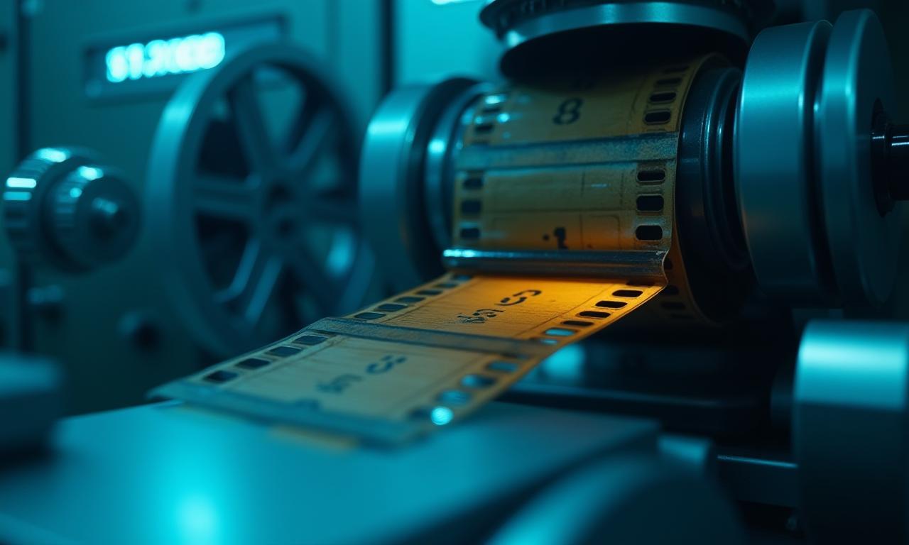 Premier plan d'une pellicule de film passant dans un scanner de numérisation.