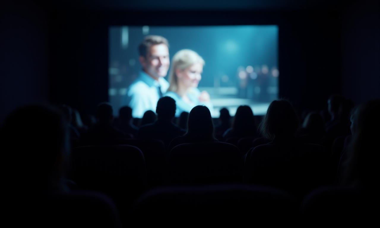 Public regardant un film sur grand écran dans une salle de cinéma moderne.